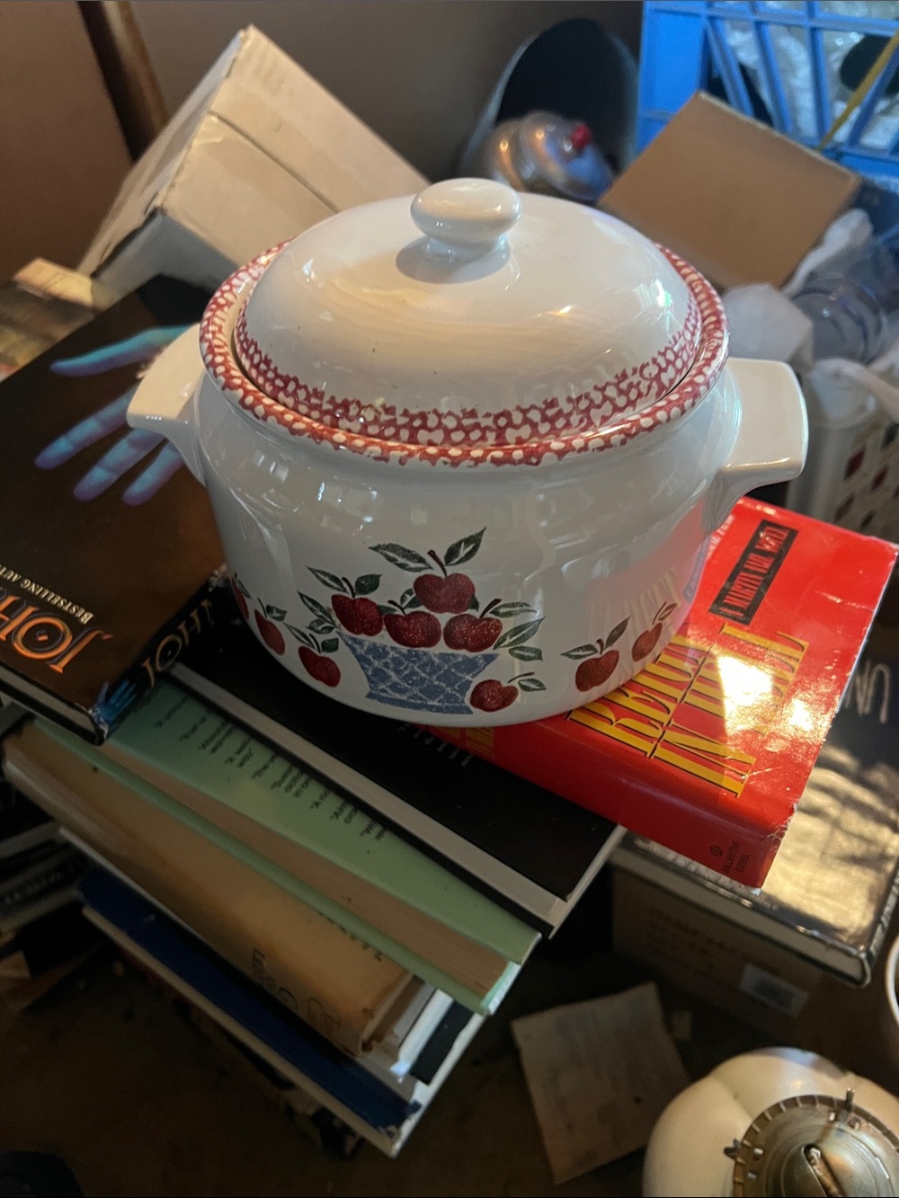 Vintage White Ceramic Covered Casserole with Red Apple Motif